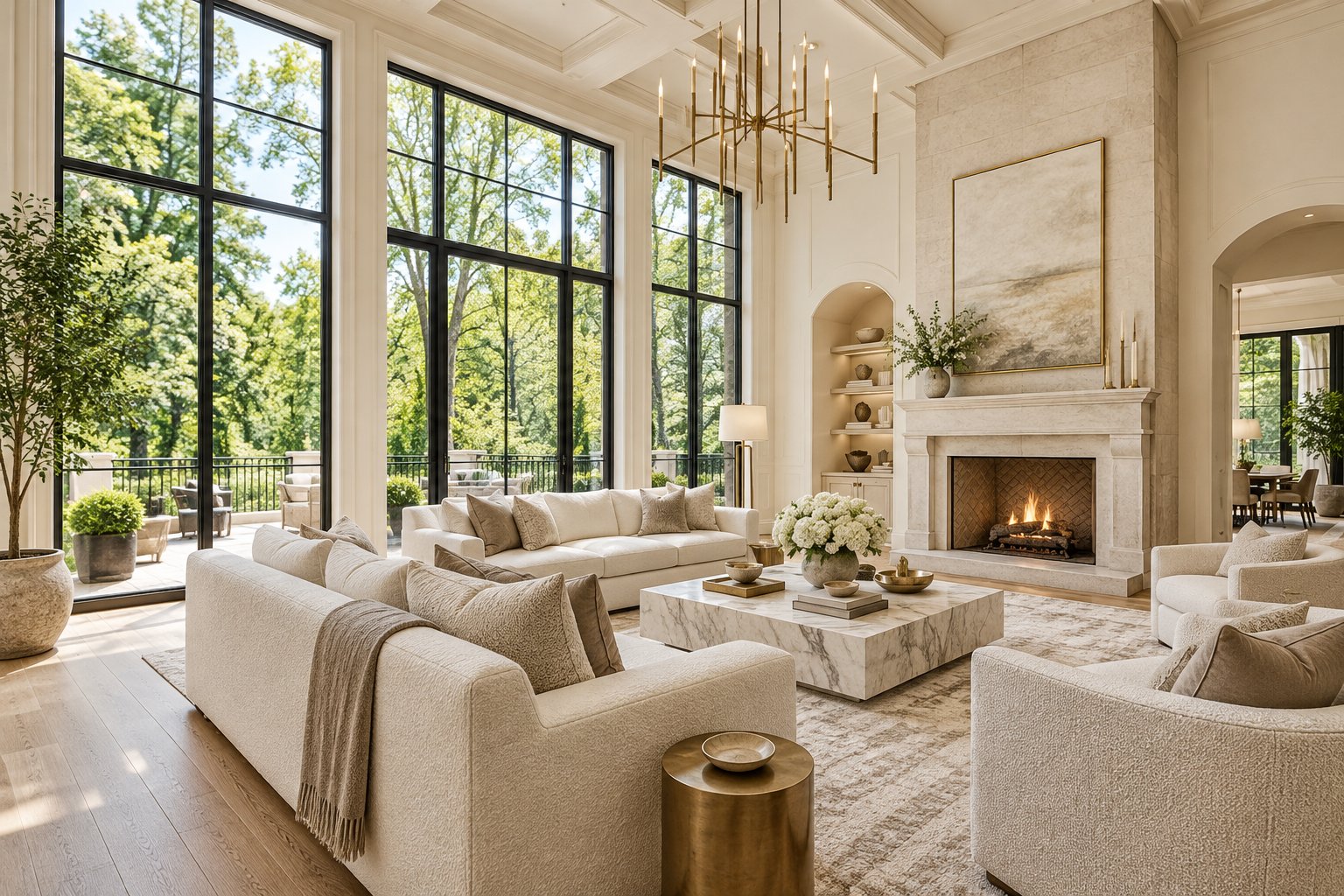 Bright luxury great room with tall steel windows and a limestone fireplace