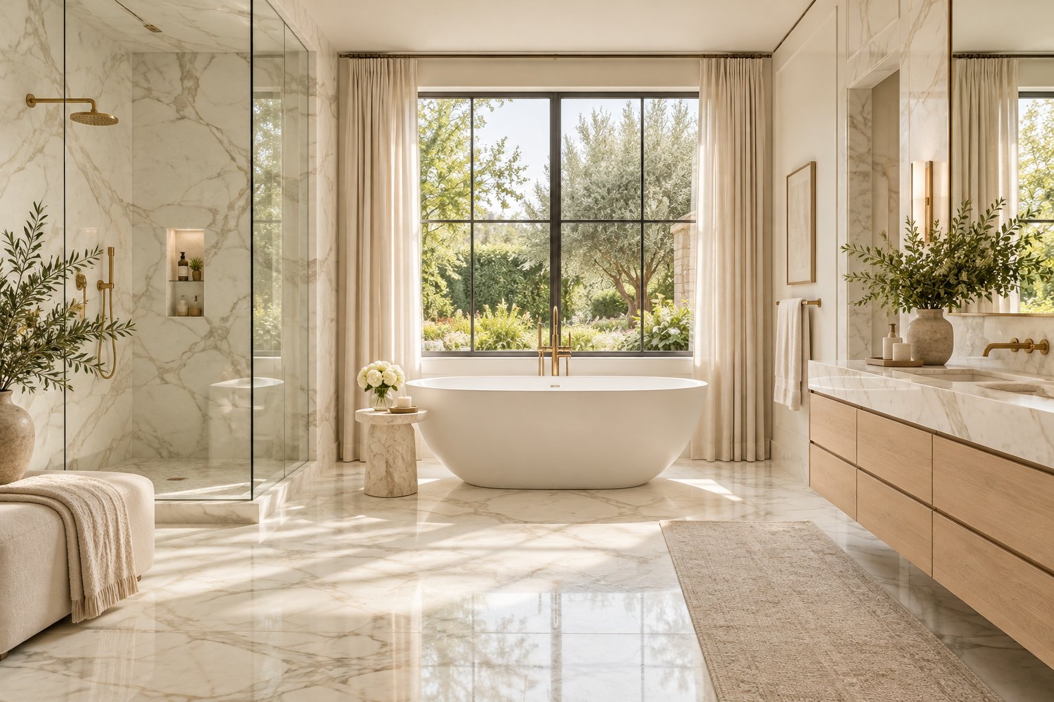 Serene luxury primary bath with a freestanding tub and marble walls