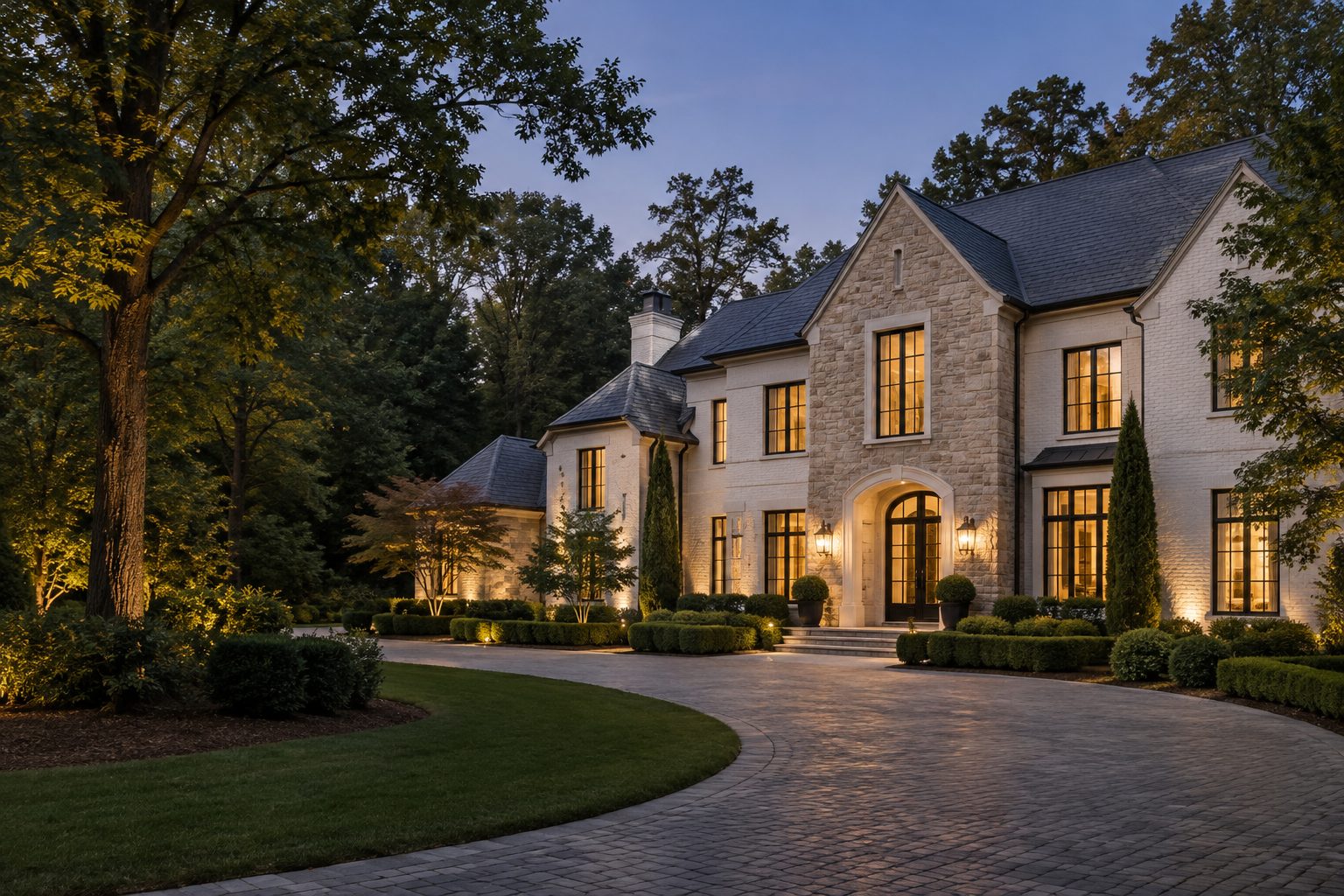 Estate home at dusk in North Atlanta, concept image